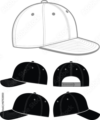 Baseball cap vector template illustration set with multiple angles, adjustable snapback, blank hat design for branding, fashion, sportswear, apparel mockup, merchandising.