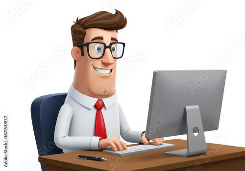 Isolated happy business man working on computer at desk, office employee illustration