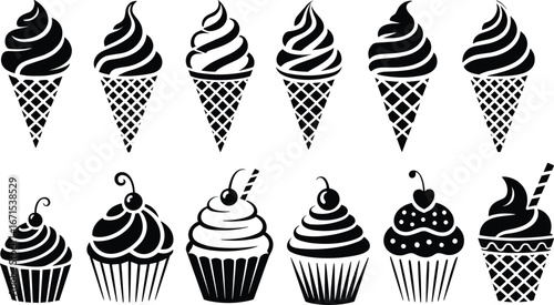 Black silhouette ice cream cones and cupcake dessert vector illustration set with waffle pattern, cherry topping, creamy swirl design, sweet bakery treats icons