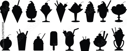 Collection of ice cream silhouette vector illustrations, dessert icons, frozen treats in cone, cup, sundae, popsicle, milkshake, summer sweet food design