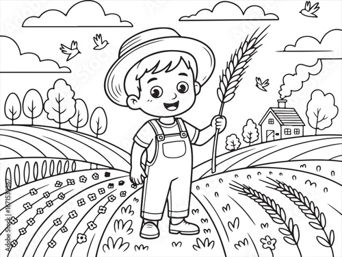 Child with Wheat on a Farm – Cute Line Drawing for Kids’ Nature Coloring