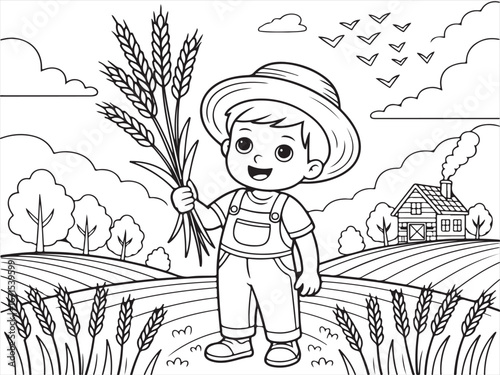 Smiling Boy Holding Wheat on a Farm – Country Landscape Drawing for Children