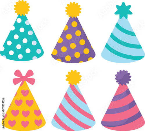 Colorful party hats vector illustration set with polka dots, stripes, hearts, bows, stars, and pom-poms, perfect for birthday, celebration, festive decoration.