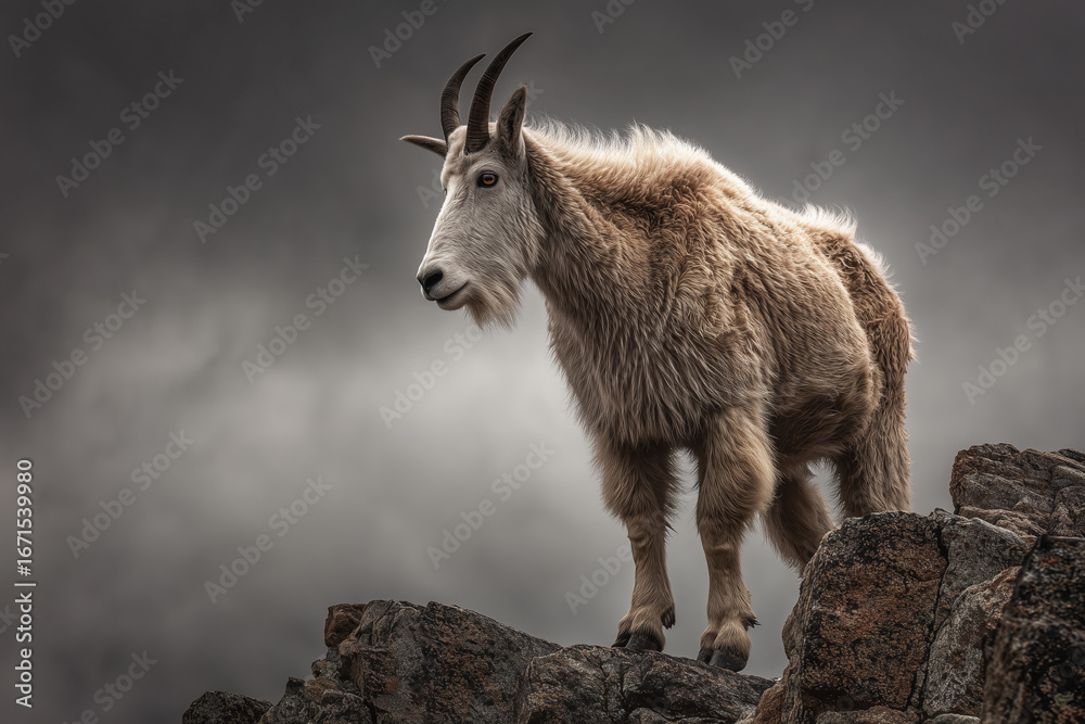 Naklejka premium Majestic mountain goat standing on rugged rocky cliffs with a dramatic cloudy background