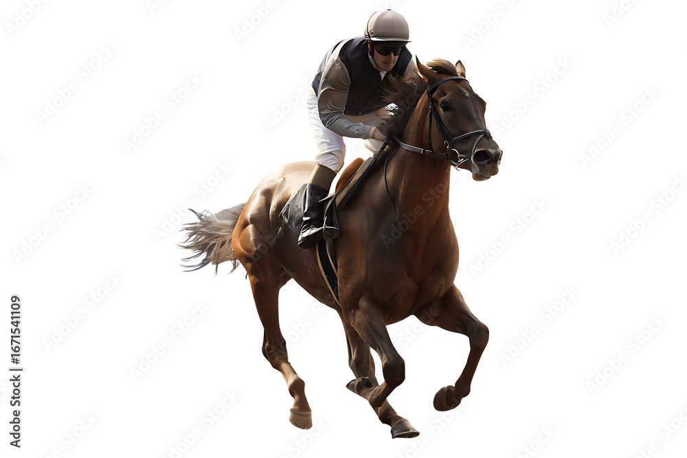 Fototapeta premium Jockey riding brown horse in motion isolated on a transparent background horse racing