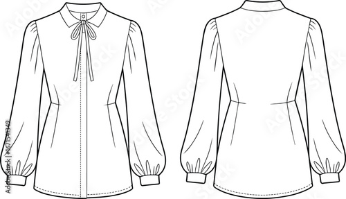 Fashion technical flat sketch blouse vector illustration, long sleeve women’s top with bow tie collar, front and back view, shirt design template