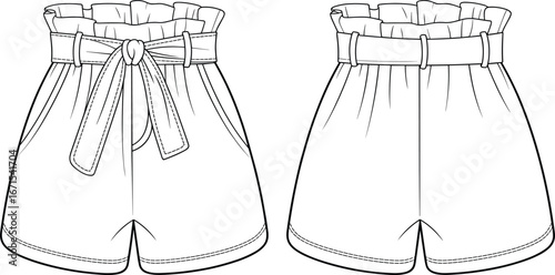 High waist paper bag shorts fashion flat sketch, technical drawing front and back view with belt, tie waist, pockets, clothing design template illustration