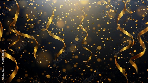 A black background with gold streamers falling from the top