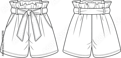 High waist paperbag shorts flat sketch with wide belt, front tie bow, side pockets, back view, fashion vector template, technical garment illustration design