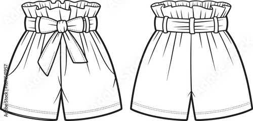 High waisted shorts fashion flat sketch illustration, women’s summer clothing design with belt and bow detail, stylish garment template for apparel vector