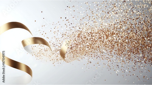 A gold ribbon is shown with a lot of gold glitter