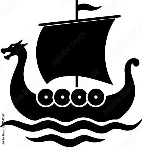Ancient Viking Ship with Dragon Head ? Historical Silhouette Vector With White Background 