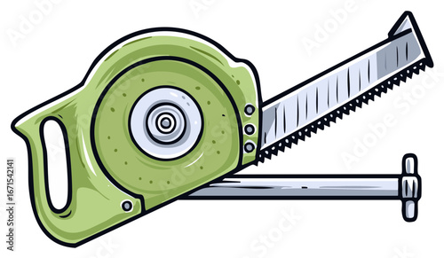 Stylized Hand Saw Tool with Green Handle and Metal Blade and Bar