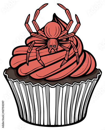 Halloween cupcake with a spider on top, cartoon style