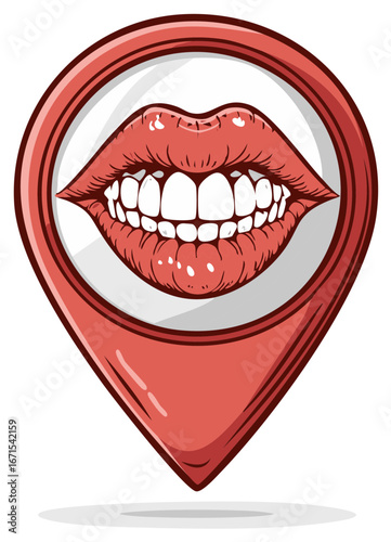 Red location map pin with smiling plump red lips and healthy white teeth inside