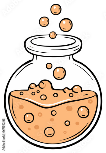 Cartoon image of glass potion jar with liquid and bubbles rising from an elixir