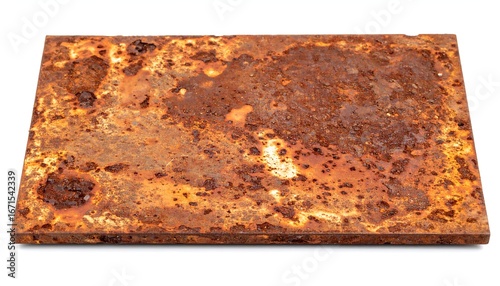 Rectangular rusty metal plate, heavily corroded, showing texture and color variations