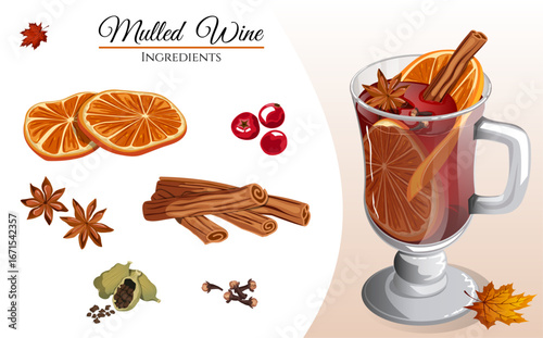 Festive Mulled Wine with Ingredients Illustration - Festive Beverage Cookbook Artwork