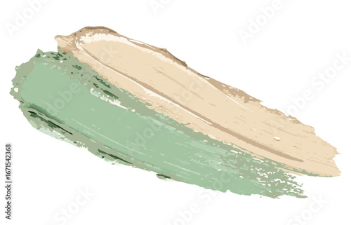 Two contrasting paint strokes green and beige forming dynamic visual element on transparent background for packaging labels and modern graphic layouts for cosmetic packaging product mockups and web