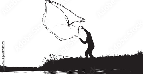 Silhouette of a fisherman casting a net into the water from a grassy bank fishing casting net