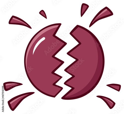 Cracked heart symbol illustration in cartoon style with shard elements, emotional concept.