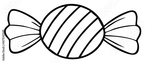 Line art of a round candy wrapped in twisted paper ends, black and white illustration
