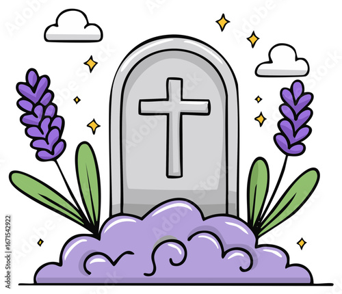 Cartoon Tombstone with Cross, Purple Lavender Flowers and Clouds around, with Stars and White Clouds in the Sky