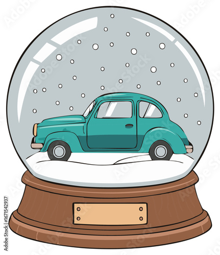Cartoon-Style Snow Globe with Teal Car and Snowflakes Winter Holiday Souvenir