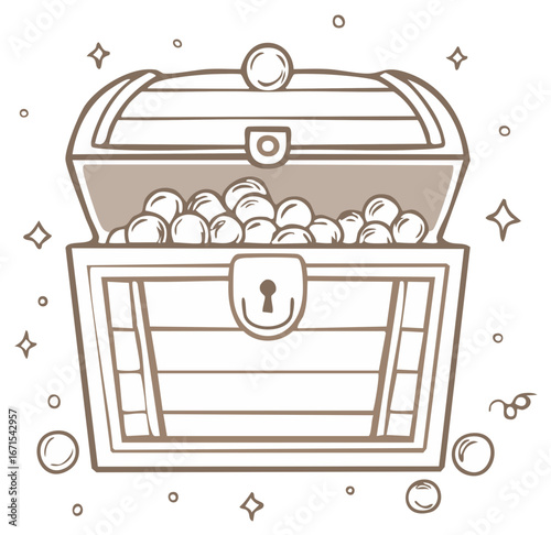 Brown Outline Illustration of a Mystical Open Treasure Chest Full of Sparkling Golden Coins