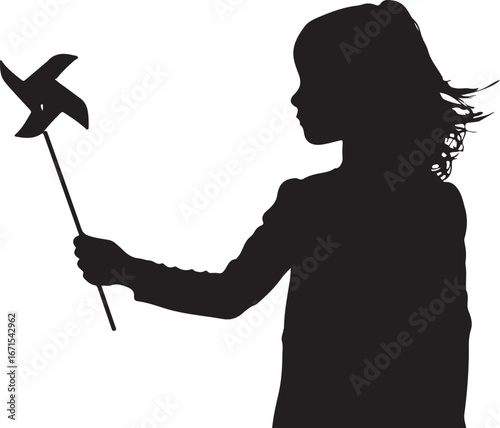 Silhouette of a young girl holding a pinwheel on a white background child