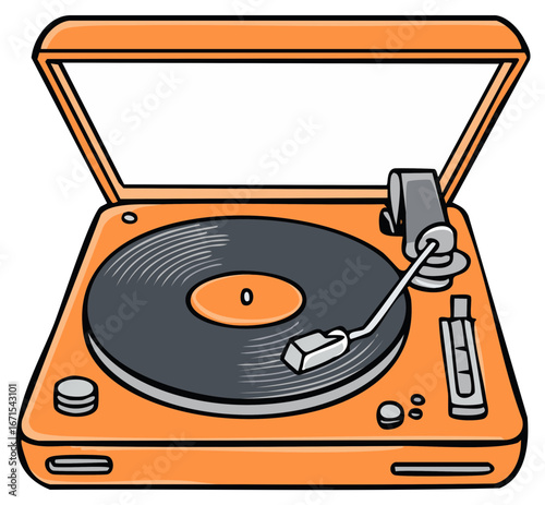 Orange Vinyl Record Player with Black Disc and Gray Arm