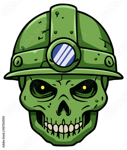 Cartoon green zombie skull wearing mining hard hat with headlamp and glowing yellow eyes