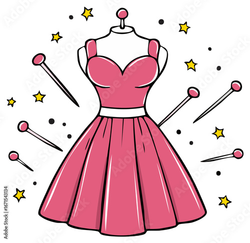 Stylized Pink Dress on a Mannequin with Sewing Pins and Stars around it Illustration