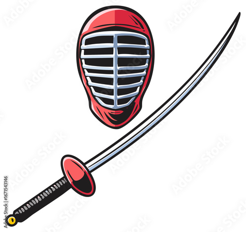 Martial Arts Equipment Kendo Men or Bogu and Katana Sword Vector Illustration