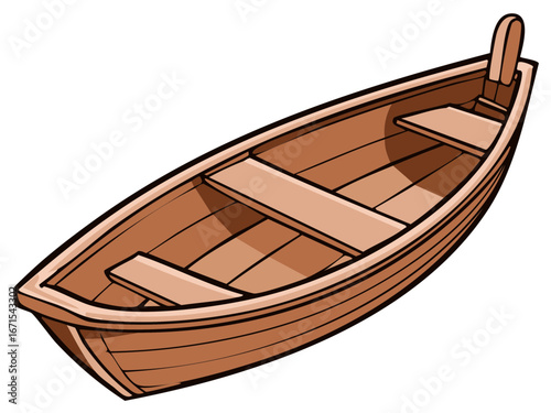 Simple Wooden Rowboat with Two Slatted Seats Isolated on White Background