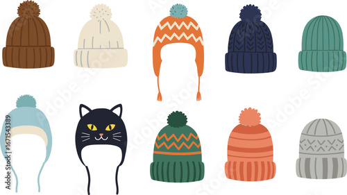 Set of colorful winter hats vector illustration with beanies, knitted caps, pom pom designs, warm accessories, seasonal fashion elements, cozy clothing clipart.
