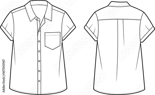Short sleeve shirt fashion flat sketch vector, front and back technical drawing with collar, pocket, button down design, apparel template for clothing illustration