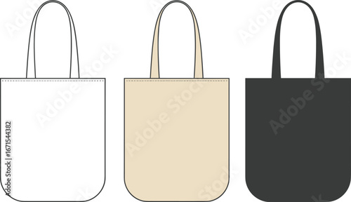 Tote bag vector illustration set with white, beige and black colors, blank eco friendly reusable fabric design template, shopping packaging mockup