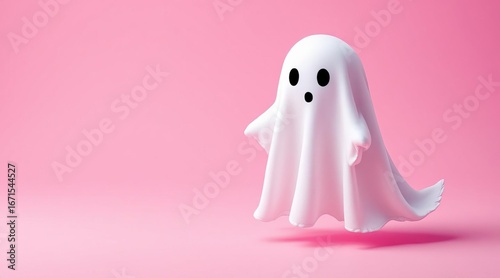 Floating white cartoon ghost character with wide black eyes and surprised expression, sheet-like spirit figure hovering on smooth pink gradient background in 3D illustration