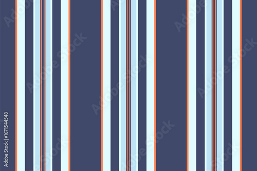 Vertical stripes create a modern pattern. Blue, white, and orange lines on a navy background. Useful for backgrounds, textiles, and graphic design projects.