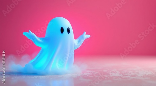 Cute glowing ghost character with blue neon light effect and black oval eyes, floating with arms raised over a smooth pink gradient background in 3D illustration