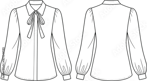 Vector fashion flat sketch illustration of women blouse with bow tie neck, puff long sleeves, front and back technical drawing for clothing design