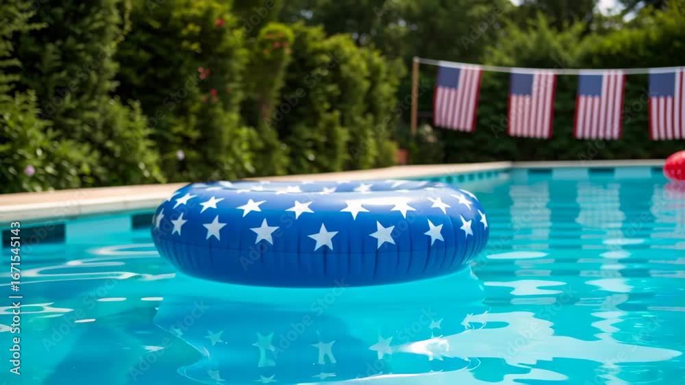 Independence day celebration family gathering holiday pool with patriotic star float blue water summer outdoor party and inflatable rings flag