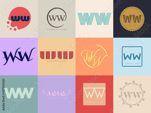 WW logo company template. Letter w and w logotype. Set different classic serif lettering and modern bold text with design elements. Initial font typography.
