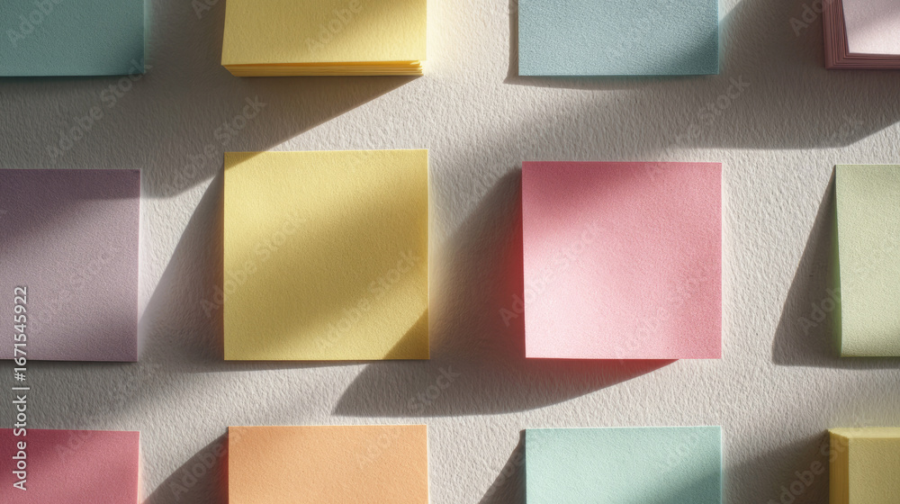 Obraz premium Colorful sticky notes arranged on wall with dramatic shadows and textured surface, ideal for concepts of planning, organization,and productivity.