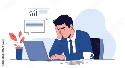 Stressed businessman overwhelmed by work, financial struggles, or deadline pressure at desk