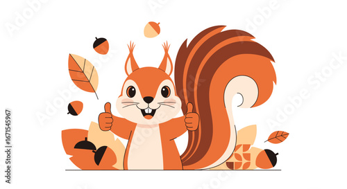 Joyful cartoon squirrel gives thumbs up with autumn leaves and acorns, perfect for fall designs