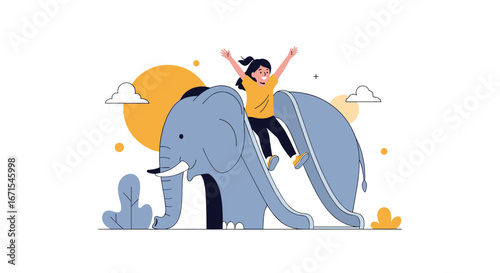 Joyful child sliding down elephant slide at playground, happiness and fun concept
