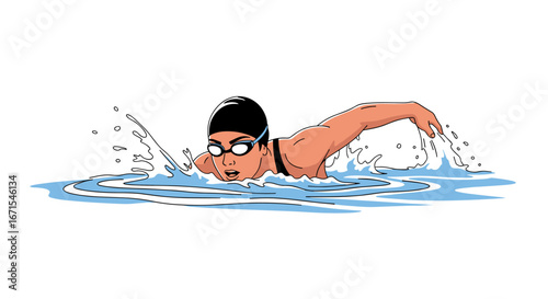 Dynamic swimmer powering through water with determined focus, perfect for sports & fitness content