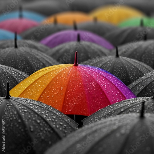 Vibrant Multicolor Umbrella Standing Out Among Black Umbrellas in the Rain with Raindrops